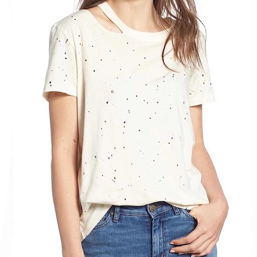 n:PHILANTHROPY Paint Splatter Distressed Open Cotton Shirt in Cream SZ S